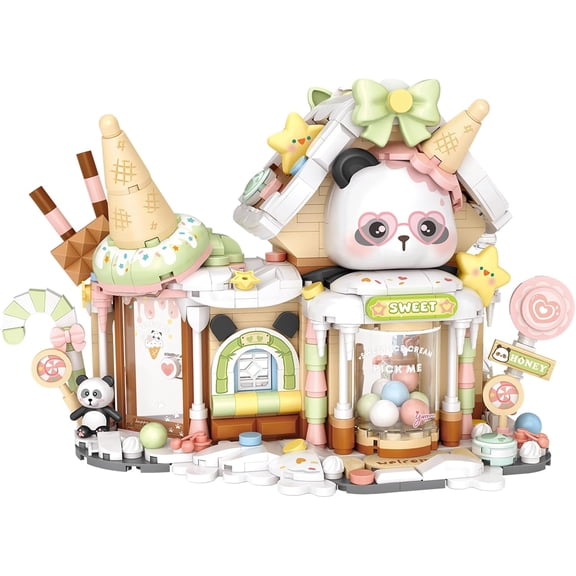 SKQIT Panda Ice Cream Shop Building Blocks Set,Mini City Shop Street View Particle Construction Building Bricks Toy,Home Decoration