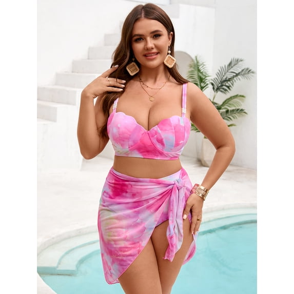 SKQIT Plus Size 3 Piece Tie Dye Bikini Set, Underwire Push Up Swimsuit with Mesh Wrap Skirt, Curvy Figure Flattering Bathing Suit for Women
