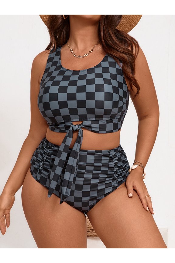 Plus Size Checkerboard Two Piece High Waist Bikini Set, Sleeveless Tie Front Crop Top Ruched Tummy Control Bathing Suit for Curvy Women Beach Spa Vacation