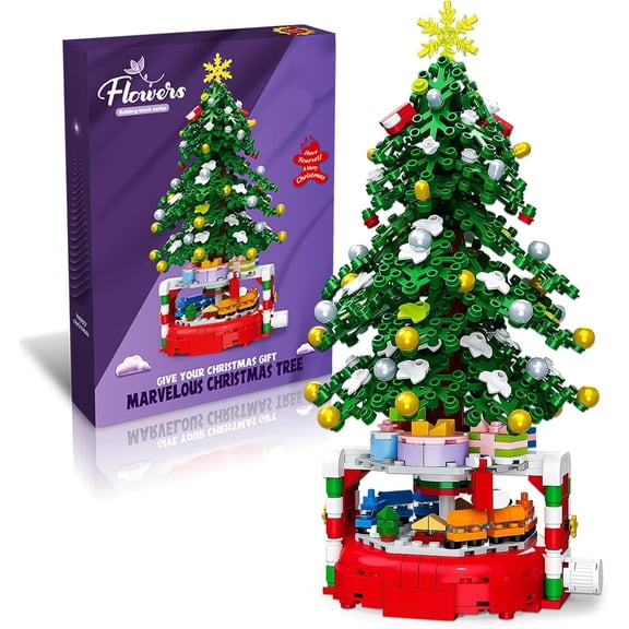 SKQIT Rotating Christmas Tree Building Blocks Set, 515 Pcs Holiday Tree Model with Rotatable Train Base, Festive Christmas Building Brick Decor, Christmas Gift for Adults