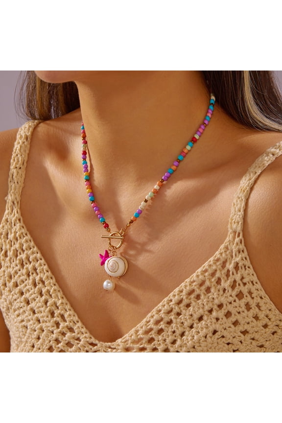 Seashell Summer Choker Necklace Boho Charm Shell Starfish Conch Ocean Beaded Necklace for Women Bohemian Surfer Hawaiian Beach Holiday Fashion Jewelry Gifts