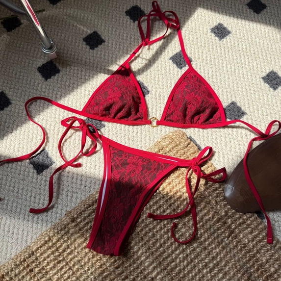 SKQIT Sexy Lace Triangle Bikini Set for Women - Halter Tie Up Swimsuit