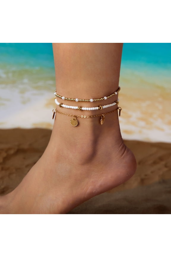 Shell Ankle Bracelet Set for Women, Boho Bead Adjustable Anklet, Hawaiian Beach Seashell Pearl Heart Starfish Conch Foot Jewelry Gifts
