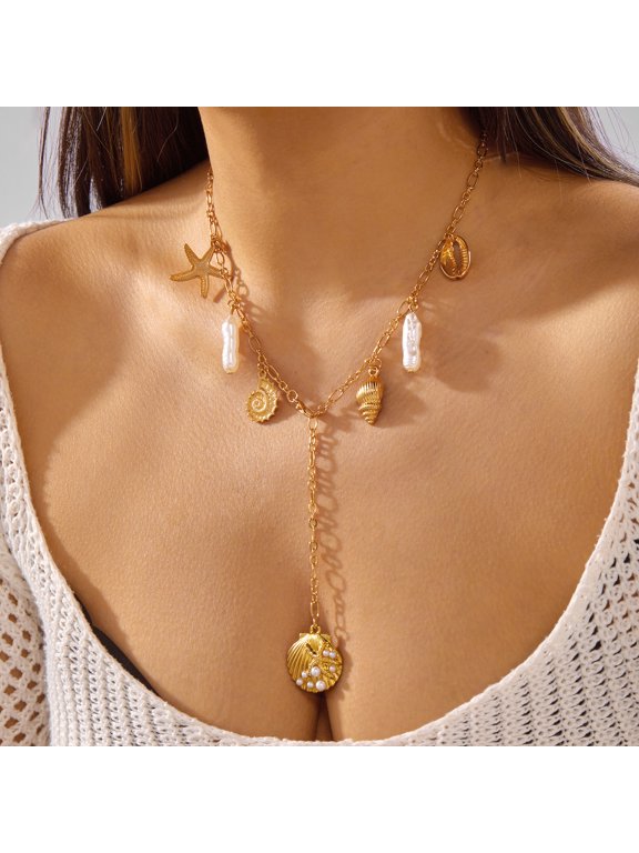 Shell Necklace for Women Gold Conch Starfish Necklace Chunky Shell Pendant Necklaces Summer Beach Necklaces Ocean Surfer Outfits Jewelry Accessories