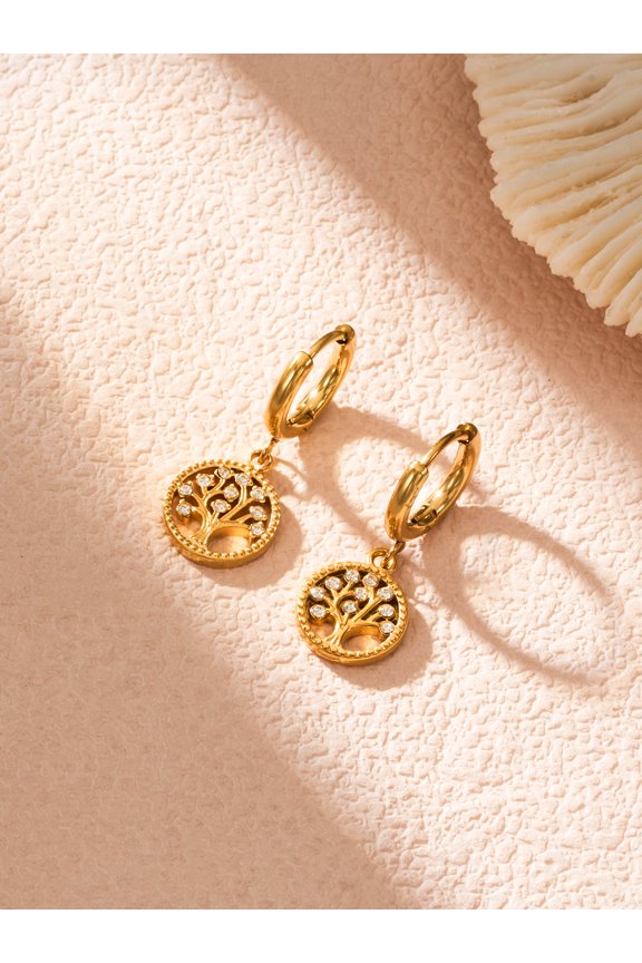 Stainless Steel 18K Gold Plated CZ Tree of Life Hoop Earrings - Elegant Symbolism for Every Ensemble