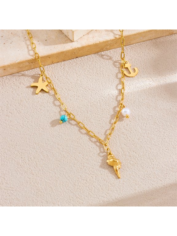 Starfish, Anchor & Conch Shell Pendant Necklace for Women,Stainless Steel Summer Beach Charm Jewelry Gift for Her