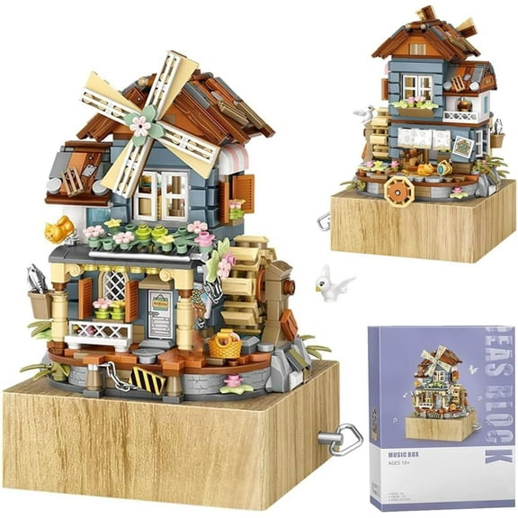 SKQIT Street View Windmill Music Box Bricks Model Set, 799Pcs DIY Building Block Assembly Mini Particle Construction Toy