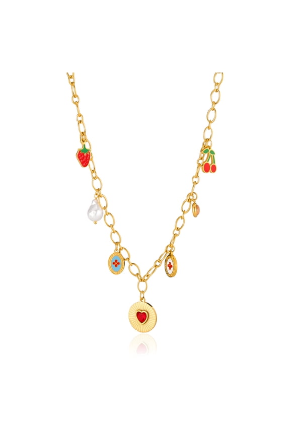 Trendy Stainless Steel Gold Plated Charm Necklace with Heart Pearl Cherry Pendant Necklace for Women Collares Chokers Jewelry