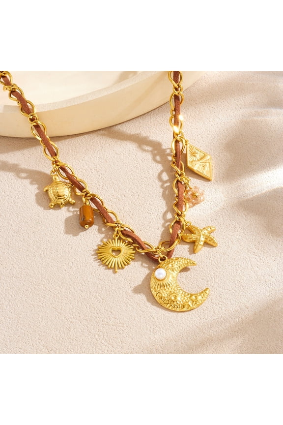 Vintage-Inspired Stainless Steel Multi-Element Pendant Necklace with Meteorite, Moon & Pearl - Sweet & Edgy Collarbone Chain for Women