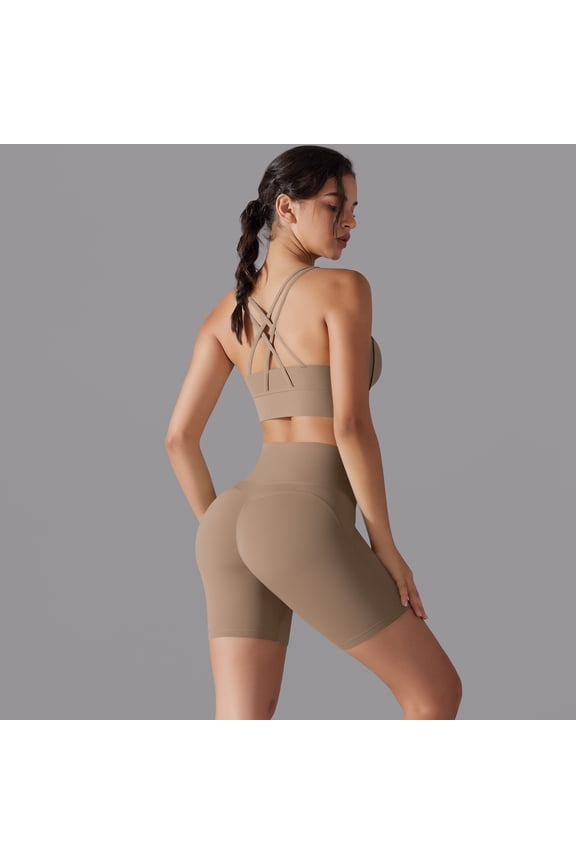 Women 2 Piece Workout Sets Built in Bra Open Back Tank Tops High Waisted Biker Shorts