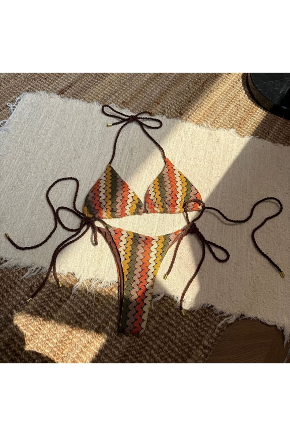 Women Crochet Embroidery Striped Bikini Set, Braided Rope Tie Triangle Top & Side Tie High Cut Bottom Two Piece Beach Swimwear