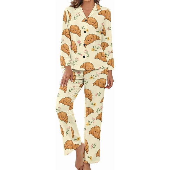 SKQIT Women Long Sleeve Pajama Set Comfy Pjs Sets Croissant Faces Flowers 2 Piece Lounge Set