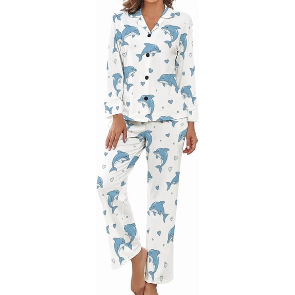 SKQIT Women Long Sleeve Pajama Set Comfy Pjs Sets Cute Seahorses Hearts Stars 2 Piece Lounge Set