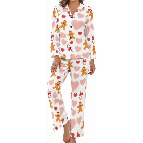 SKQIT Women Long Sleeve Pajama Set Comfy Pjs Sets Gingerbread Hearts Candy 2 Piece Lounge Set