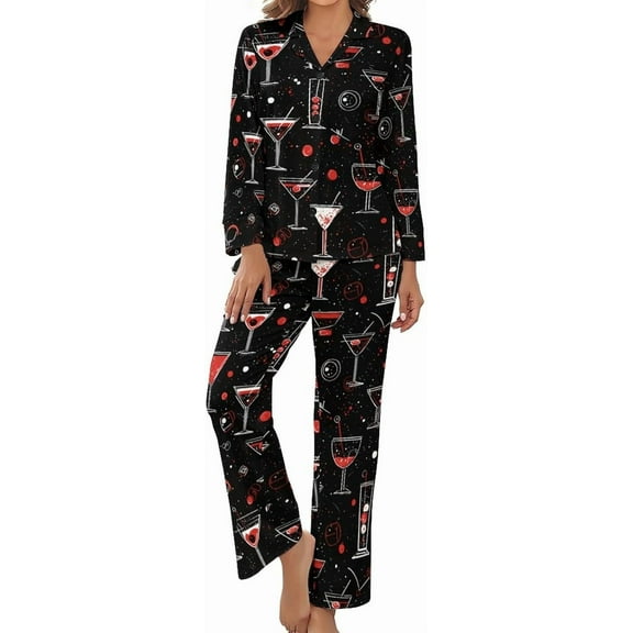 SKQIT Women Long Sleeve Pajama Set Comfy Pjs Sets Martini Glasses Pattern 2 Piece Lounge Set