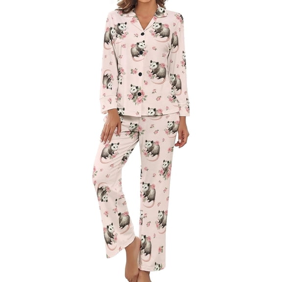 SKQIT Women Long Sleeve Pajama Set Comfy Pjs Sets Possums Roses Pattern 2 Piece Lounge Set