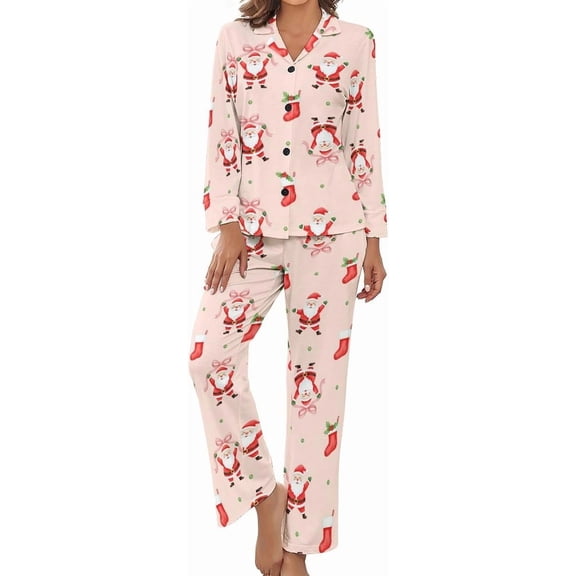 SKQIT Women Long Sleeve Pajama Set Comfy Pjs Sets Santa Claus Bow Holly 2 Piece Lounge Set