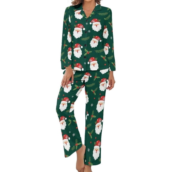 SKQIT Women Long Sleeve Pajama Set Comfy Pjs Sets Santa Claus Holly Leaves 2 Piece Lounge Set