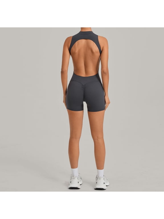 Women Short Jumpsuit Backless Scrunch Butt Workout Rompers V Back Yoga One Piece Unitards Sleeveless Gym Bodycon
