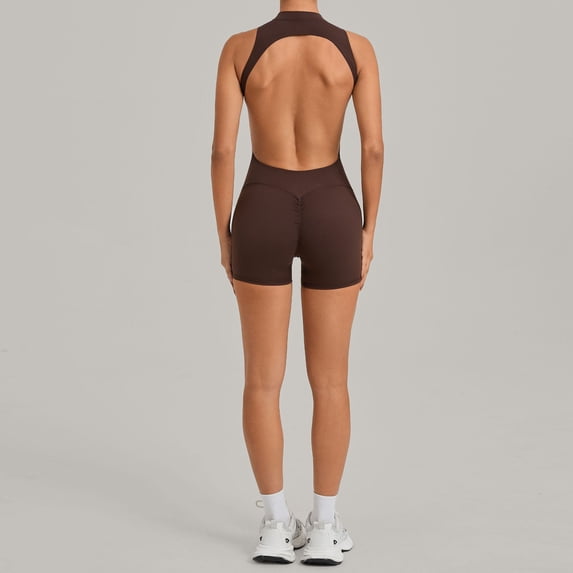 SKQIT Women Short Jumpsuit Backless Scrunch Butt Workout Rompers V Back Yoga One Piece Unitards Sleeveless Gym Bodycon