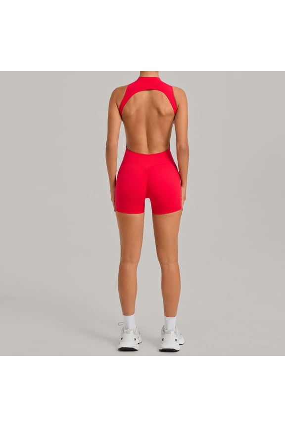 Women Short Jumpsuit Backless Scrunch Butt Workout Rompers V Back Yoga One Piece Unitards Sleeveless Gym Bodycon