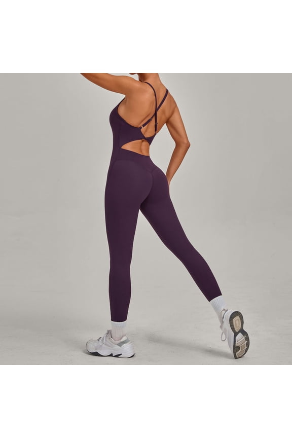 Women Strappy Backless Jumpsuits Tummy Control Bodycon Yoga Romper One Piece Workout Jumpsuit