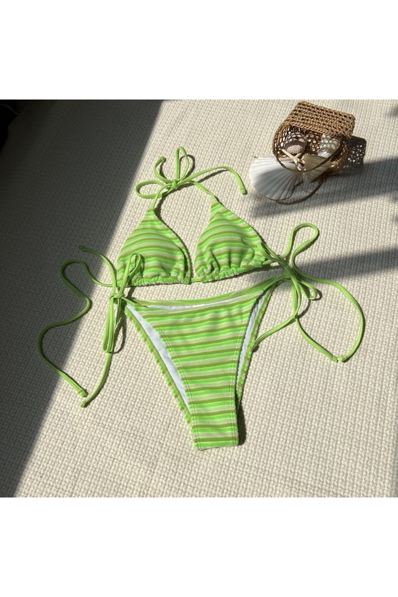 Women Striped Terry Cloth Triangle Bikini Set, Halter Tie Side String Adjustable High Cut Two Piece Beach Swimsuit