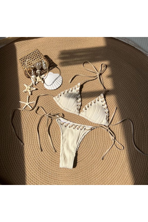 Women Wave Textured Lace-Up Bikini Set, Halter Tie Side String High Cut Two Piece Contrast Trim Beach Swimsuit