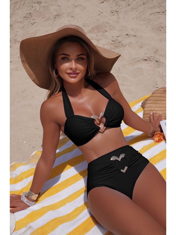 Women's 2 Piece Swimsuit Heart Shaped Ring Decorated Halter Bikini Swimwear Set