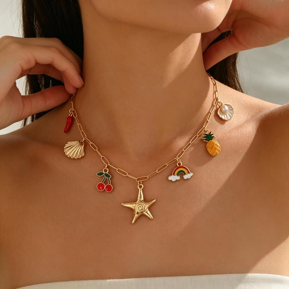 SKQIT Women's Boho Beach Chic Multi-Element Pendant Necklace - Gold-Tone Shell, Starfish, Cherry & Pineapple Charm for Coastal Getaways