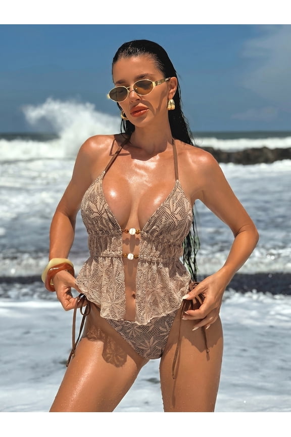Women's Crochet Hollow Out Bikini Set, Halter Shell Bead Peplum Top & Side Tie High Cut Cheeky Bottom Two Piece Boho Beach Bathing Suit Swimwear
