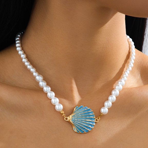 SKQIT Women's Imitation Pearl Choker Necklace, Blue Enamel Scallop Shell Pendant Necklace, Ocean Beach Vacation Jewelry for Women