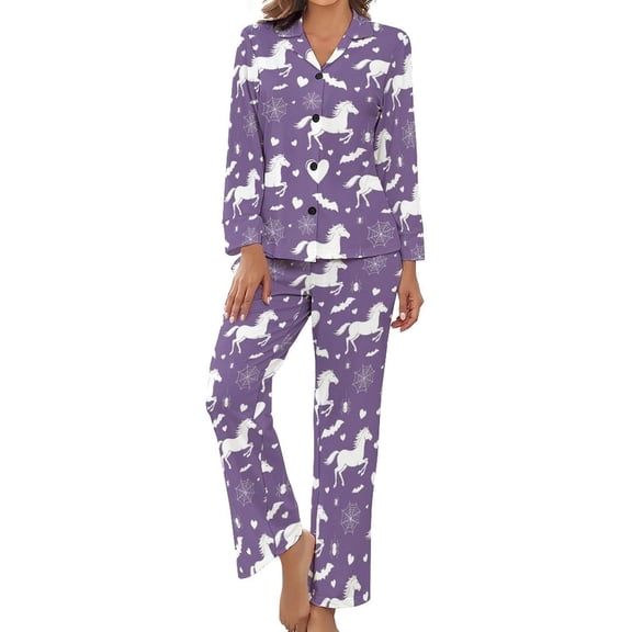 SKQIT Women's Pajama Sets Black White Floral Horse Long Sleeve Lounge Sets Pjs Sleepwear with Pockets