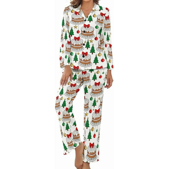 SKQIT Women's Pajama Sets Christmas Cake Tree Long Sleeve Lounge Sets Pjs Sleepwear with Pockets