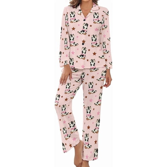 SKQIT Women's Pajama Sets Cowboy Boots Bows Long Sleeve Lounge Sets Pjs Sleepwear with Pockets