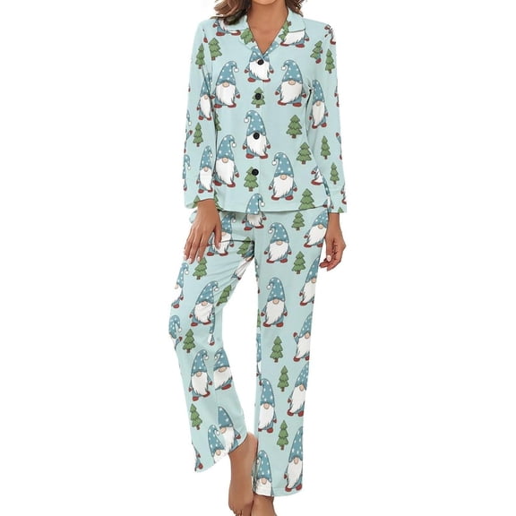 SKQIT Women's Pajama Sets Gnomes Trees Stars Snowflakes Long Sleeve Lounge Sets Pjs Sleepwear with Pockets