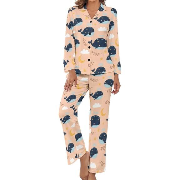 SKQIT Women's Pajama Sets Whales Stars Clouds Moon Long Sleeve Lounge Sets Pjs Sleepwear with Pockets