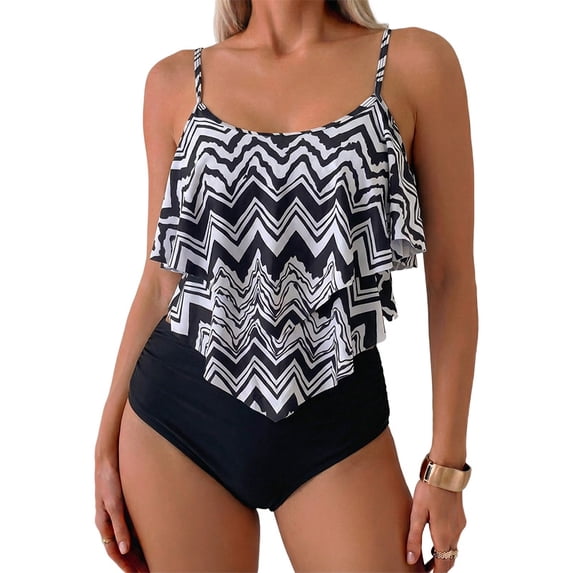 SKQIT Women's Ruffle Tankini Two-Piece Swimsuit, High-Waisted Tummy Control Bikini, Flounce Spaghetti Strap Swimwear