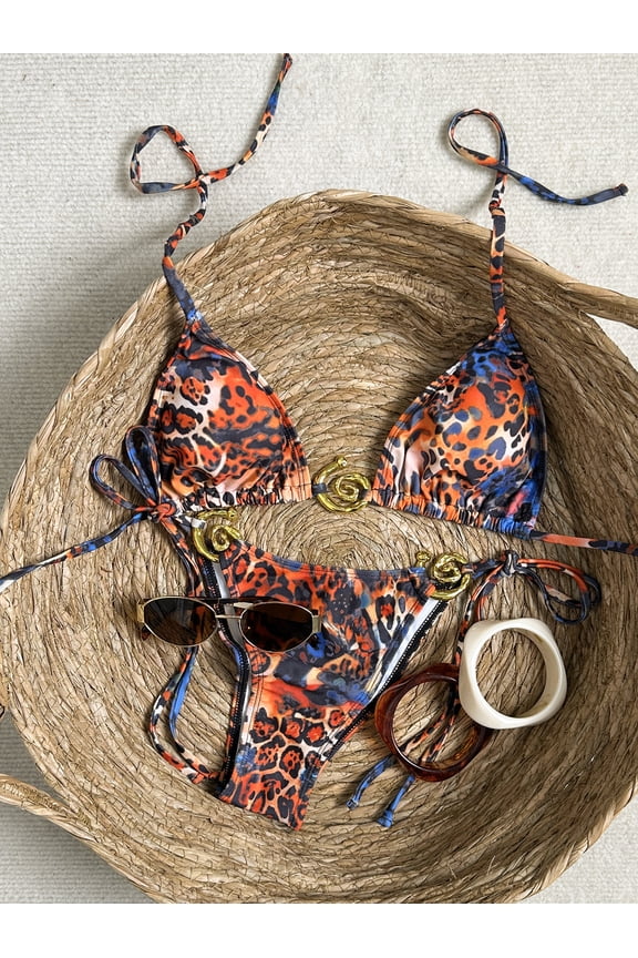 Women's Wild Leopard Print Triangle Bikini Set, Gold Spiral Metal Decor Halter Tie Top & Side Tie High Cut Cheeky Bottom Two Piece Boho Beach Bathing Suit Swimwear