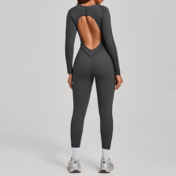 SKQIT Womens Long Sleeve Workout Jumpsuit Contouring Seams Backless Bodysuit Yoga Rompers Catsuit