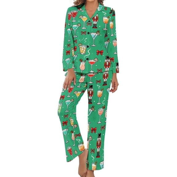 SKQIT Womens Pajamas Set Christmas Cocktail Nutcracker Pattern Soft Long Sleeve Sleepwear Button Down Sets