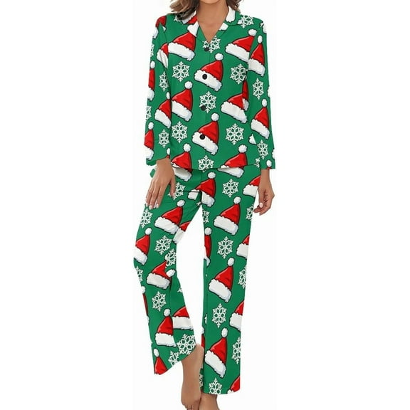 SKQIT Womens Pajamas Set Christmas Tree Bells Ribbons Soft Long Sleeve Sleepwear Button Down Sets