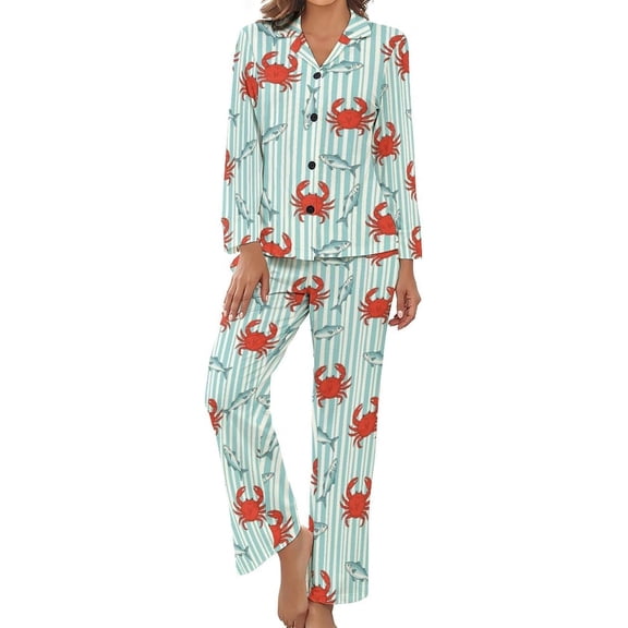 SKQIT Womens Pajamas Set Crab Fish Stripes Pattern Soft Long Sleeve Sleepwear Button Down Sets
