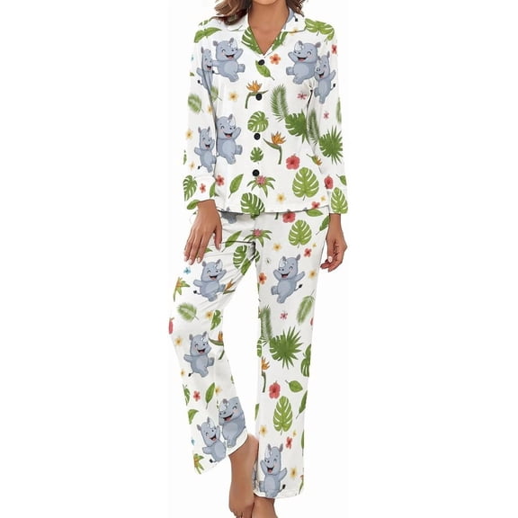 SKQIT Womens Pajamas Set Cute Hippo Party Pattern Soft Long Sleeve Sleepwear Button Down Sets