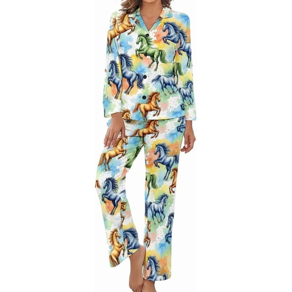 SKQIT Womens Pajamas Set Cute Hippo Party Pattern Soft Long Sleeve Sleepwear Button Down Sets