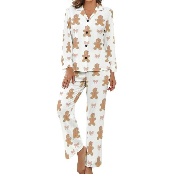 SKQIT Womens Pajamas Set Gingerbread Man Bow Soft Long Sleeve Sleepwear Button Down Sets