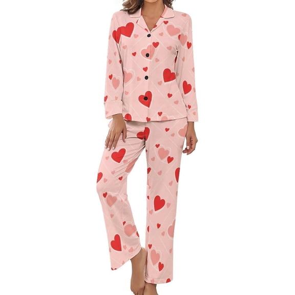 SKQIT Womens Pajamas Set Heart Pattern Red Soft Long Sleeve Sleepwear Button Down Sets