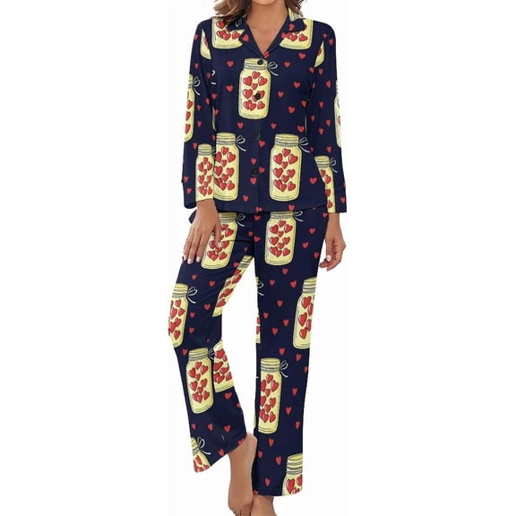 SKQIT Womens Pajamas Set Hearts Pattern Soft Long Sleeve Sleepwear Button Down Sets