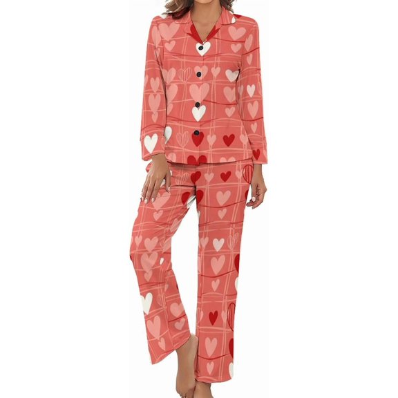 SKQIT Womens Pajamas Set Love Heart Pattern Red Soft Long Sleeve Sleepwear Button Down Sets