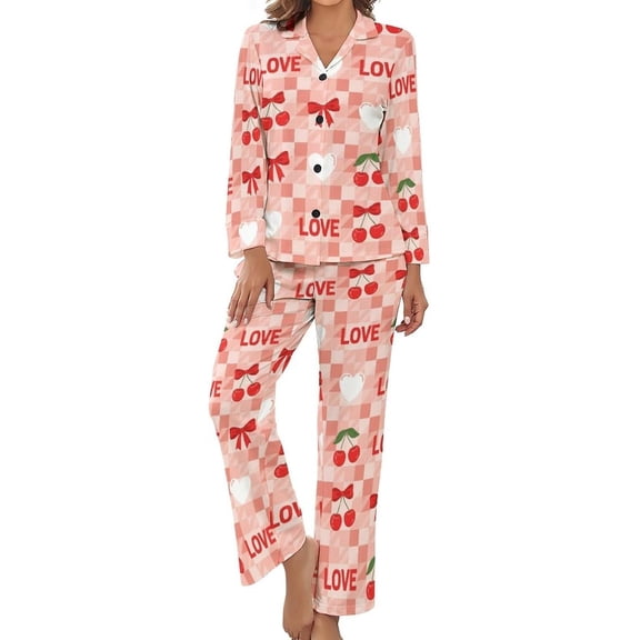 SKQIT Womens Pajamas Set Love Heart Pattern Red Soft Long Sleeve Sleepwear Button Down Sets